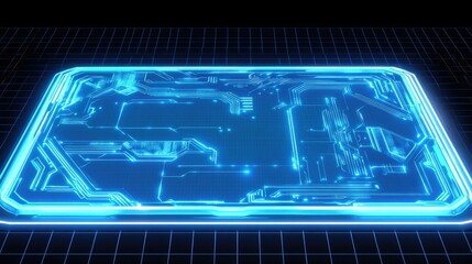 Poster - Blue neon hologram of a computer screen with futuristic circuit patterns, set on a white grid background. Concept of virtual interfaces.