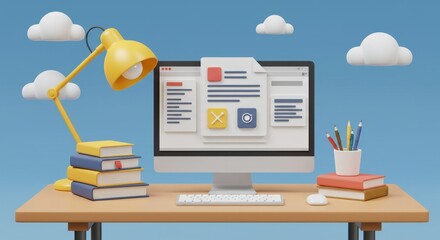 Fototapete - 3D illustration of a desktop computer displaying a document being edited with text and icons