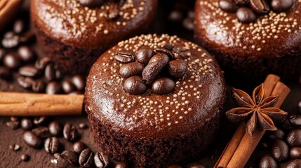 Poster - Delicious coffee cakes featuring rich chocolate, aromatic spices, and whole coffee seeds, beautifully presented in a close up view of these tempting coffee cakes.