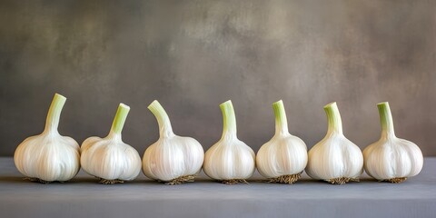 Poster - Young garlic heads displayed on a gray tabletop create an appealing composition, showcasing the vibrant essence of young garlic against a neutral background. Perfect for culinary themes.
