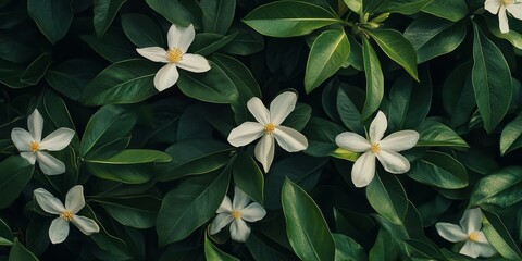 Aufkleber - Delicate white flowers accompanied by lush green leaves create a serene and peaceful atmosphere, showcasing the beauty of white flowers amidst vibrant greenery.