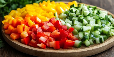Poster - Chopped vegetable arrangement on a wooden plate for cooking, showcasing a variety of colorful chopped vegetables perfect for culinary preparations and recipes.