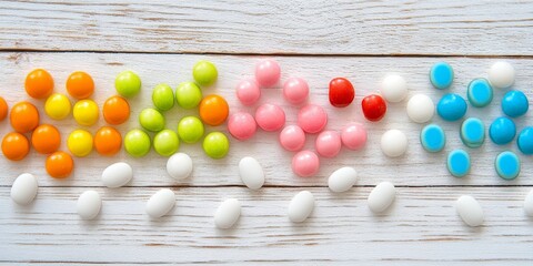Poster - Dragees in various colors showcase sugar coated pills beautifully arranged on a white wooden background, highlighting the allure and appeal of these delightful dragees.