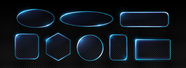 Poster - neon glass frames collection with glowing blue light edges and transparent surfaces. various geometr