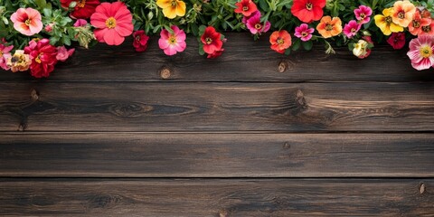 Aufkleber - Rustic wooden background adorned with vibrant flowers, creating a charming rustic scene. The empty wooden background complements the beauty of the flowers, enhancing their visual appeal.