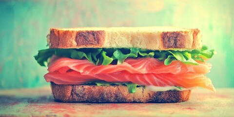 Poster - Vintage color tone salmon sandwich showcasing a delicious salmon sandwich in an artistic manner, highlighting the unique appeal of this salmon sandwich through its captivating colors.