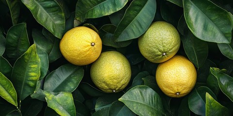 Poster - close up of unripe citrus fruits nestled among lush foliage, showcasing their vibrant appearance and