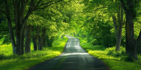 Poster - Narrow road surrounded by lush green trees and vibrant green grass creates a serene spring landscape, perfect for enjoying nature s beauty along this peaceful narrow road.