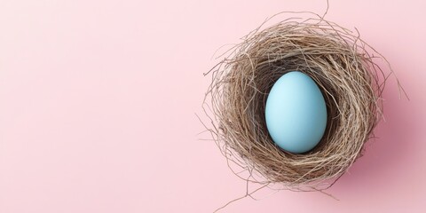 Poster - Blue egg nestled in a bird nest on a soft pink background banner, highlighting the delicate beauty of a blue egg in nature s design against a vibrant backdrop.
