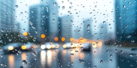 Aufkleber - Blurred image showcasing drops of rain on a mirror, featuring buildings and a road in the background. This captivating scene of rain and reflections creates a unique atmosphere.
