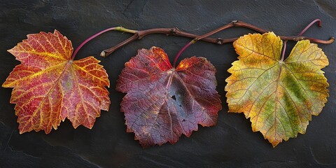 Poster - Three vibrant grapevine leaves showcasing stunning autumn colors, highlighting the beauty of nature during the fall season with their rich hues and intricate details in grapevine foliage.