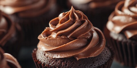 Poster - A detailed view of a sweet treat featuring a rich chocolate icing on top. This dessert showcases its delicious chocolate frosting prominently.