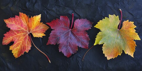 Poster - Three vibrant grapevine leaves showcasing stunning autumn colors, highlighting the beauty of nature during the fall season with their rich hues and intricate details in grapevine foliage.