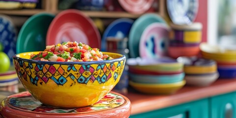 Aufkleber - A vivid yellow ceramic bowl filled with lively salsa is positioned in front of an open kitchen cabinet adorned with a variety of colorful plates.