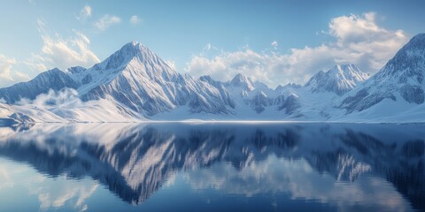 Poster - Snowy mountains reflect majestically over the serene lake, creating a stunning landscape where the snowy mountain scenery captivates the eye and enchants nature lovers everywhere.