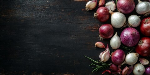 Poster - Garlic and onion beautifully arranged on a rustic dark wooden background, highlighting the rich textures and colors of garlic and onion for culinary inspiration.