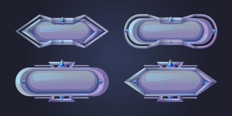 Poster - Game magic button collection - metallic grey frames decorated with blue crystal gems. Fantasy interface elements with smooth surface, geometric shapes and glowing details for medieval rpg menu design.