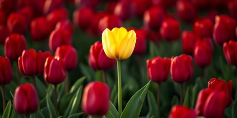 Poster - Vibrant yellow tulip elegantly stands amidst a cluster of striking red tulips in an outdoor setting, highlighting the beauty of the yellow tulip in nature s colorful display.