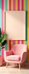 Wall Mural - Pastel multi colour vibrant groovy retro striped background wall frame with bright armchair decor. Mock up template for product presentation. new image