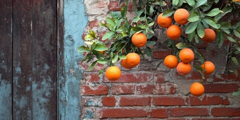 Poster - Close up of a mandarin tree featuring ripe fruit against an aged brick wall backdrop, highlighting the vibrant colors and textures of the mandarin tree and its fruit.