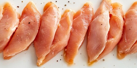Aufkleber - Close up view of raw chicken fillets displayed on a white surface, highlighting the texture and freshness of raw chicken fillets in an appealing manner for culinary presentations.