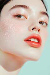 Poster - Ethereal Close-Up Portrait of Teen with Glitter Freckles in Soft Pastel Light