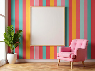 Wall Mural - Pastel multi colour vibrant groovy retro striped background wall frame with bright armchair decor. Mock up template for product presentation. new image