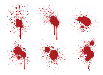 Poster - Blood splash collection - red stains with dripping streams and scattered droplets on white surface. Various spatter design patterns with explosive bursts, flowing streaks and speckled spray marks.