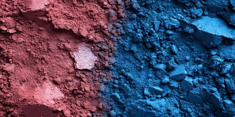Leinwandbilder - Vibrant red and blue colored clay soil creates a striking contrast, showcasing the unique characteristics of colored clay soil in various artistic and natural applications.