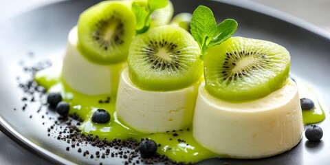 Poster - A delightful fresh dessert featuring creamy lemon mousse paired with vibrant kiwi. This fresh dessert combines the tangy flavors of lemon mousse and the sweetness of kiwi for a refreshing treat.