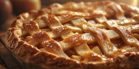 Poster - A detailed close up perspective of a mouthwatering apple pie, highlighting its delectable crust and tempting filling, reveals its deliciousness and appeal.