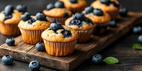 Poster - Recently baked blueberry muffins arranged on a wooden board. A close view of the muffins creates a food backdrop with selective focus and vacant space surrounding them.