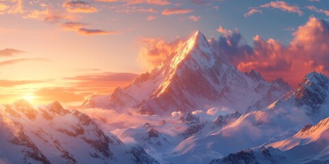 Poster - A breathtaking scenery of snowy mountains showcases the serenity of rural landscapes during sunset or sunrise, highlighting the beauty of snowy peaks in captivating light.