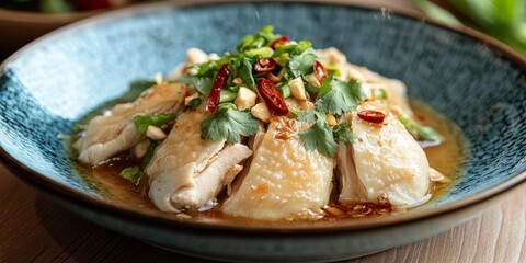 Poster - Steamed chicken presented in traditional cuisine style, served in a blue bowl. This steamed chicken dish showcases authentic flavors, perfect for highlighting traditional culinary techniques.