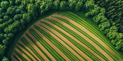 Poster - Aerial view of a lush green farmers field showcases the beauty of agricultural land, featuring plowed and sown fields amidst a forest backdrop. Stunning drone capture of a vibrant farmers field