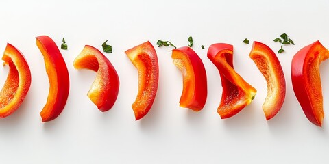 Poster - Sliced strips of red sweet bell pepper on a white background, showcasing fresh vegetables in a top view presentation, perfect for illustrating the beauty of red sweet bell pepper.