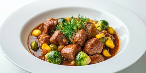 Poster - Delicious veal stew prepared with tender Brussels sprouts, sweet corn, and fragrant herbs and dill on a pristine white plate. This healthy veal stew makes for a delightful dietary meal option.