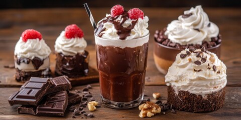 Poster - Photography showcasing delightful sweet desserts and drinks featuring whipped cream, ice cream, and liquid chocolate, beautifully decorated on a rustic wooden background.