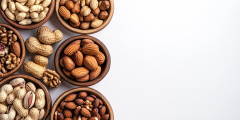 Poster - Assorted nuts arranged in wooden plates on a white background, showcasing the variety of nuts available, perfect for highlighting the beauty and diversity of nuts with ample copy space.