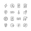 © Tatiana - Electronic Charging, linear style icon set. Charging devices and power solutions for electronics. Battery , plug, cable, and wireless charging. Energy and connectivity essentials. Editable stroke widt