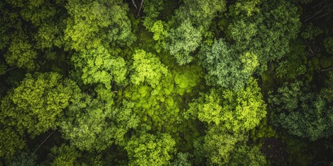 Aufkleber - Looking down onto a woodland, one can see the forest floor blanketed in moss, creating a lush green carpet throughout the area.