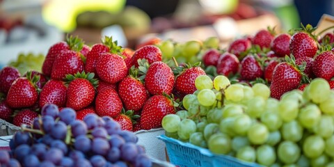 Aufkleber - Fresh strawberries and grapes are beautifully displayed at a vibrant farmer s market, showcasing the delicious strawberries and grapes available for eager shoppers.