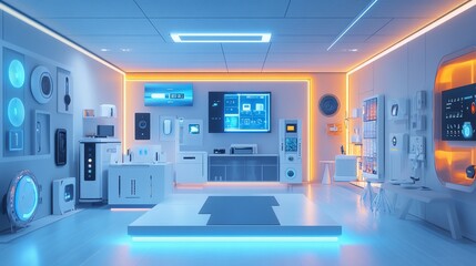Poster - A futuristic electronics store featuring a smart home section, showcasing the latest smart speakers, thermostats, and home automation systems