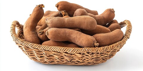 Poster - A basket of fresh tamarind displayed against a clean white background, highlighting the vibrant appearance of fresh tamarind. This fresh tamarind showcases its rich texture and color.