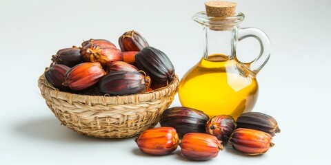 Poster - Oil palm fruits and cooking oil displayed against a white background, highlighting the vibrant colors and textures of oil palm fruits and the rich qualities of cooking oil for culinary use.