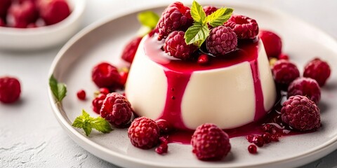 Poster - Delight in a summer dessert featuring panna cotta with raspberries, beautifully captured against a light background in this close up vertical shot showcasing the delicious panna cotta.