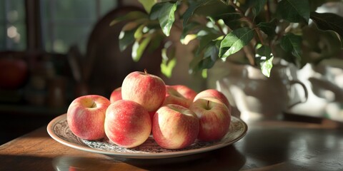 Poster - Fresh ripe apples arranged on a plate atop the kitchen table, showcasing the vibrant color and natural beauty of ripe apples in a cozy setting perfect for any culinary inspiration.