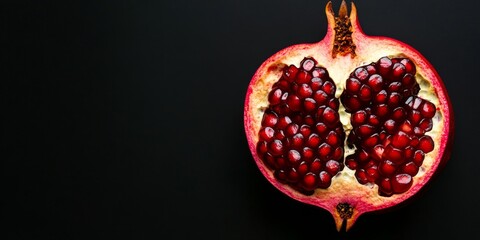 Poster - Half peeled pomegranate against a black background, showcasing its vibrant interior, ideal for creative projects. This half peeled pomegranate offers a striking visual with space for your text.