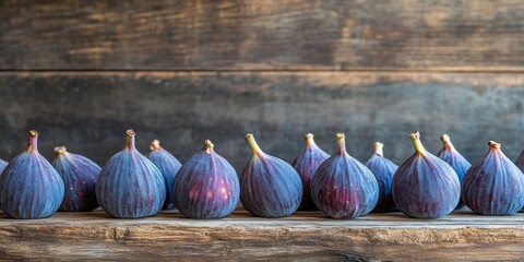 Poster - Vibrant purple ripe figs placed beautifully on a rustic wooden table create an inviting scene, showcasing the natural appeal and freshness of purple ripe figs in a delightful setting.