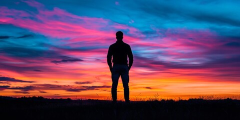 Poster - Silhouette of a man standing at sunset, creating a striking contrast against the colorful sky. This silhouette captures the essence of a tranquil moment at dusk, emphasizing solitude and reflection.